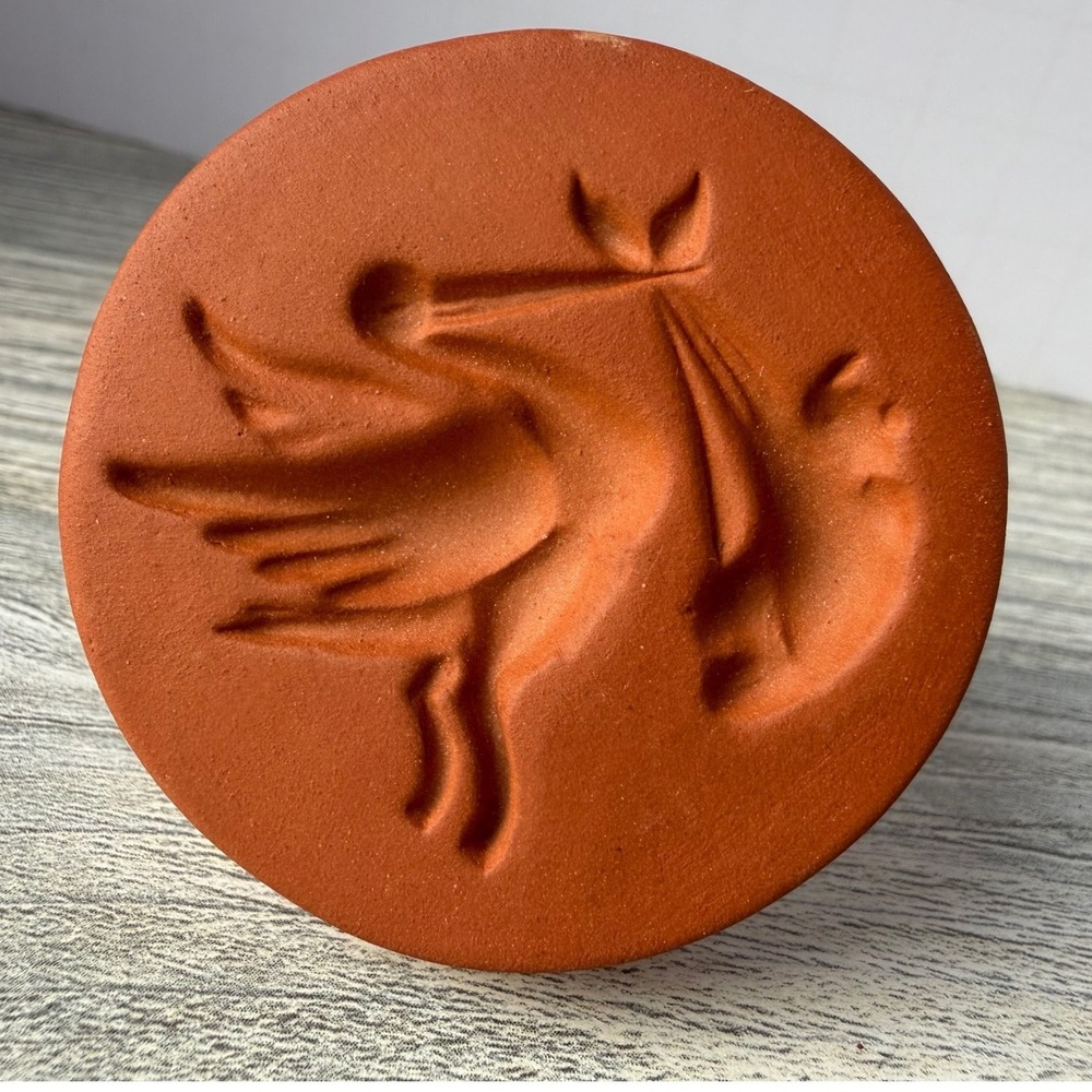 Vintage Foxcraft Stork Cookie Stamp Terra Cotta Pottery Press Baby Shower Gift